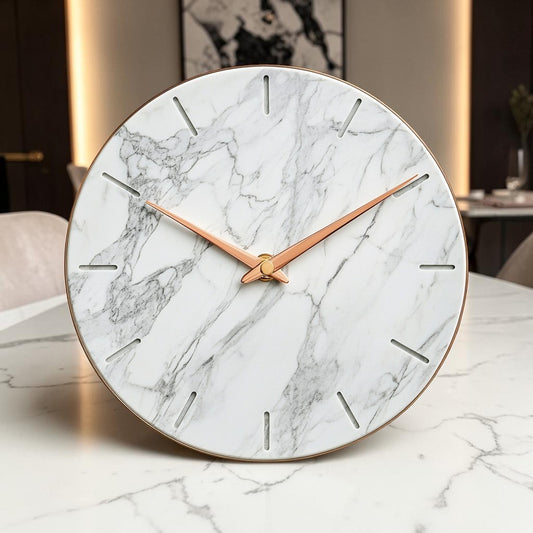 Hikos Luxury Marble Wall Clock - Carrara White Texture with Rose Gold Hands - Silent Minimalist Clock - Modern Decor for Kitchen & Bedroom