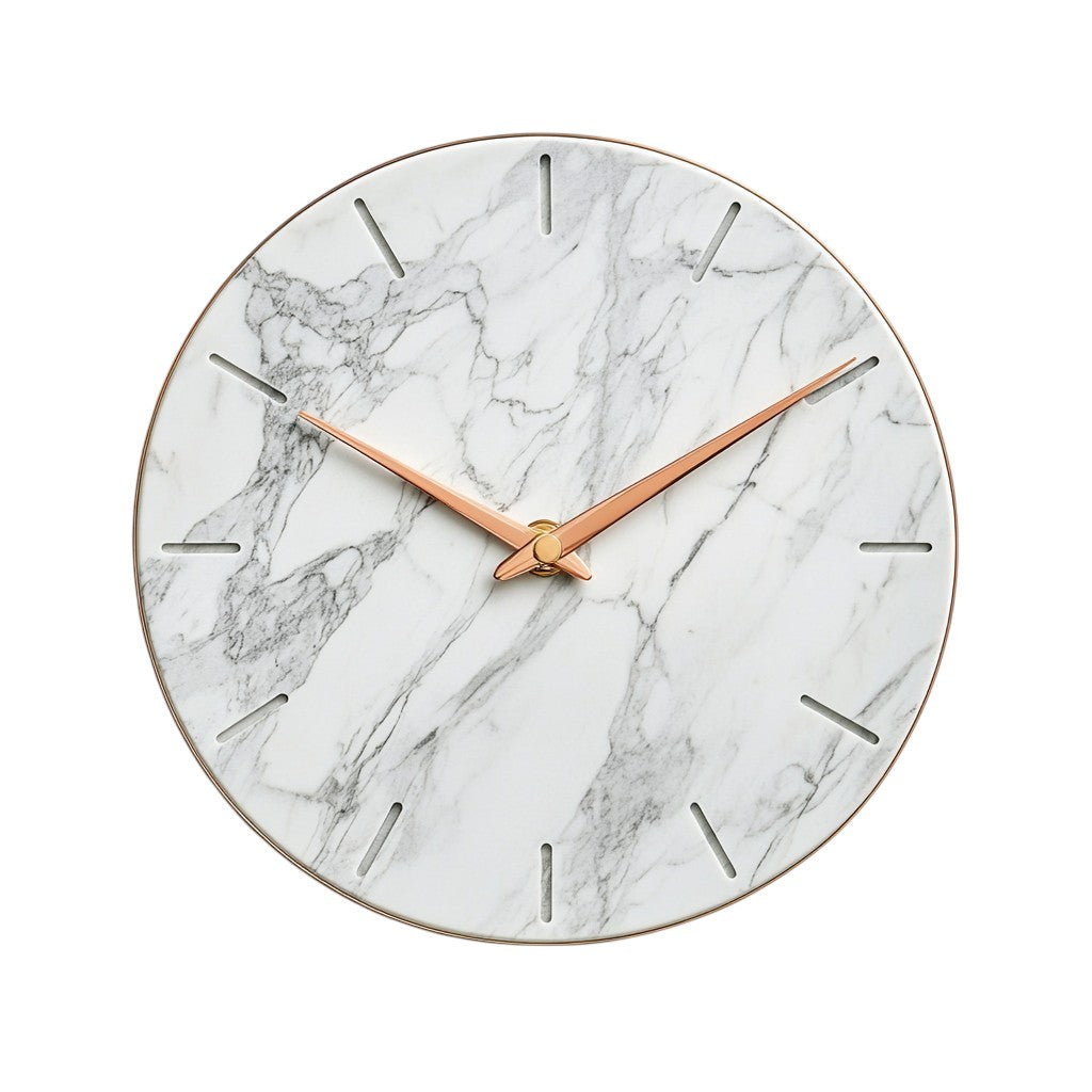 Hikos Luxury Marble Wall Clock - Carrara White Texture with Rose Gold Hands - Silent Minimalist Clock - Modern Decor for Kitchen & Bedroom