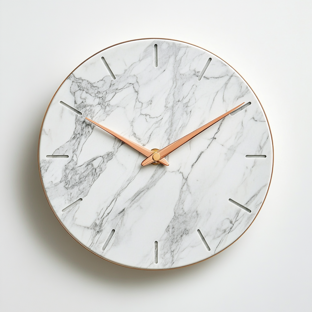 Hikos Luxury Marble Wall Clock - Carrara White Texture with Rose Gold Hands - Silent Minimalist Clock - Modern Decor for Kitchen & Bedroom
