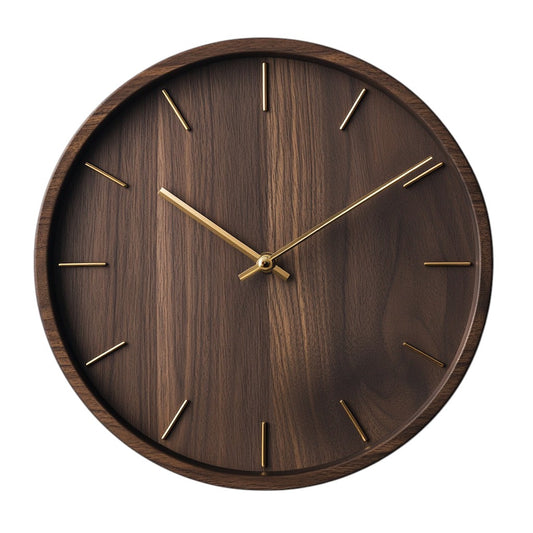 Hikos 12-Inch Solid Walnut Wall Clock - Minimalist No-Number Design - Silent Non-Ticking Quartz Movement - Gold Hands - Modern Home & Office Decor