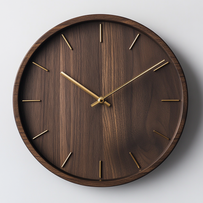 Hikos 12-Inch Solid Walnut Wall Clock - Minimalist No-Number Design - Silent Non-Ticking Quartz Movement - Gold Hands - Modern Home & Office Decor