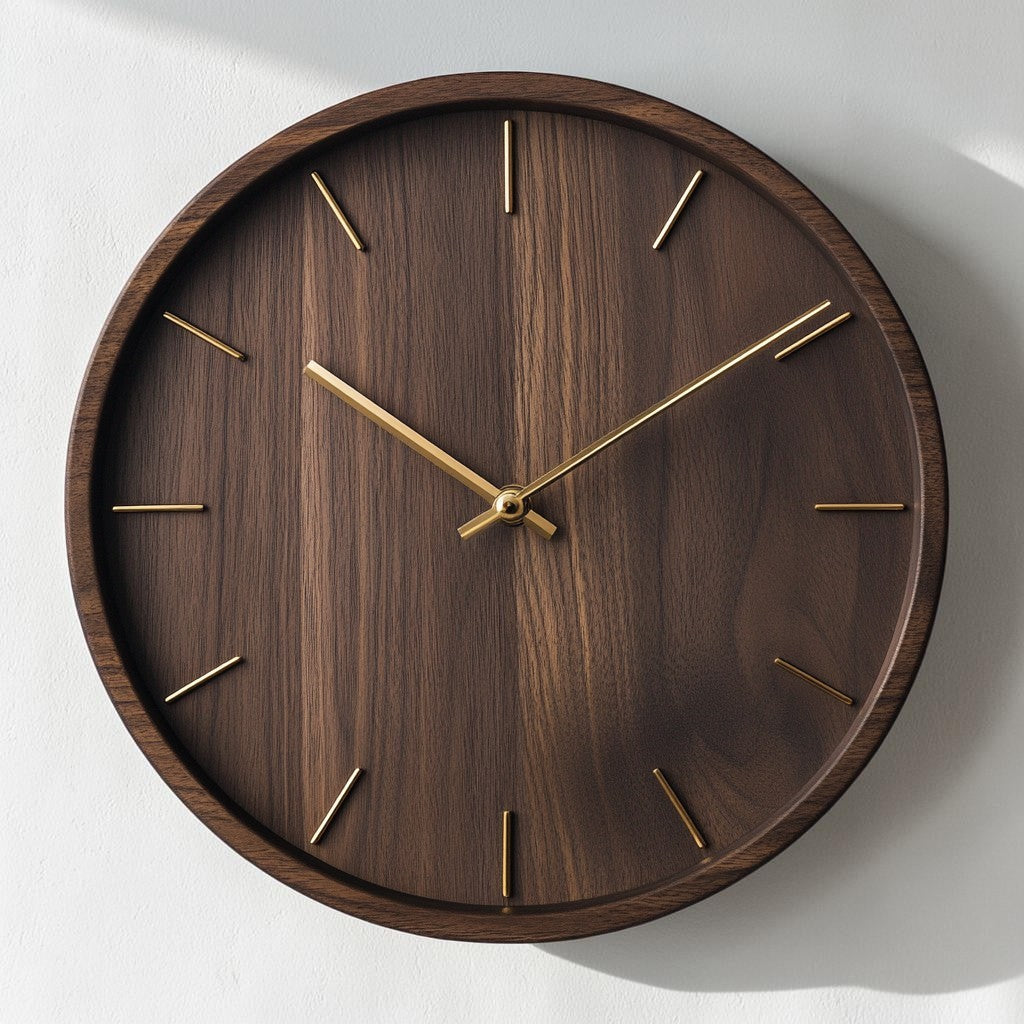 Hikos 12-Inch Solid Walnut Wall Clock - Minimalist No-Number Design - Silent Non-Ticking Quartz Movement - Gold Hands - Modern Home & Office Decor